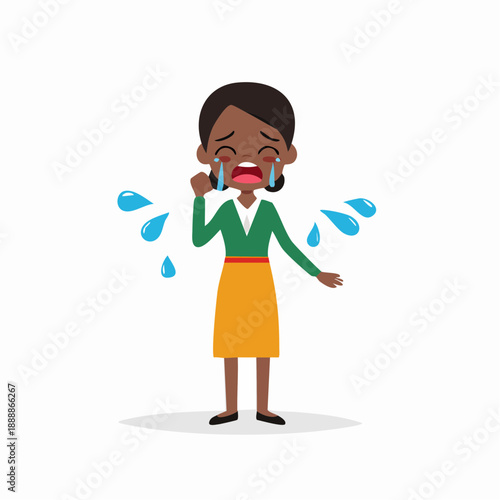 Sad African American Woman in Tears Isolated on White Background with Water Drops Cartoon Character Expression Emotional Crying