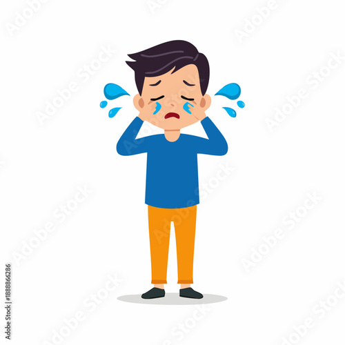 Young person expressing sadness with tears flowing and covering ears a visual representation of emotional distress and isolation on a white background