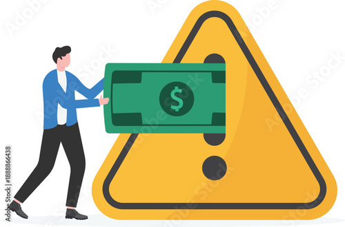 Corporate Financial Alert Concept with Professional Attaching Money Bill to Warning Sign