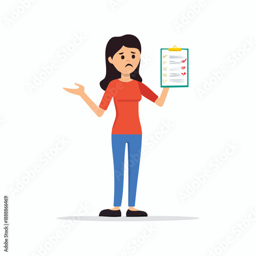 Concerned Woman with Checklist Poses Illustrating Doubt or Uncertainty Holding Paperwork with Tasks and Decisions Pending Isolated on White