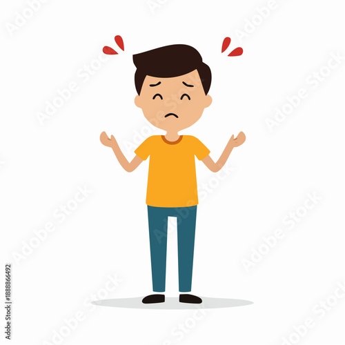 Concerned cartoon individual with orange attire and dark hair exhibiting a state of worry and expressing uncertainty representing human feeling