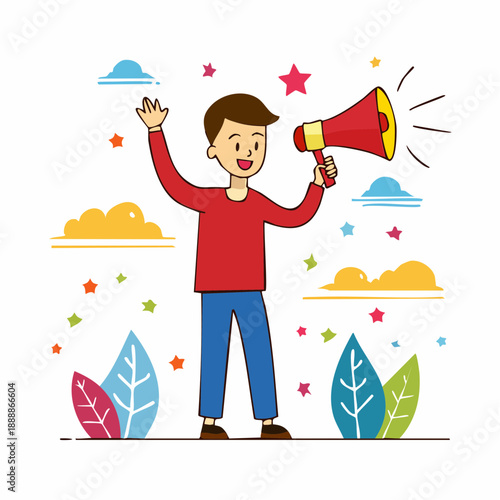 Cheerful person using a megaphone with colorful decorations and waving hand conveying message of communication and announcement for any type of