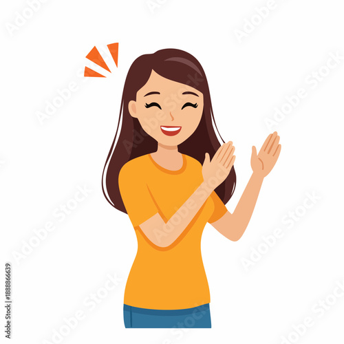 Cheerful woman with long brown hair applauding with both hands happy expression cartoon style orange shirt isolated on white background
