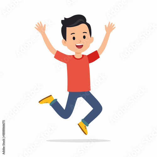 Joyful Young Male Person Jumps Upward Smiling with Arms Raised and Legs Bent Wearing Casual Clothes Isolated on White Background for Concepts