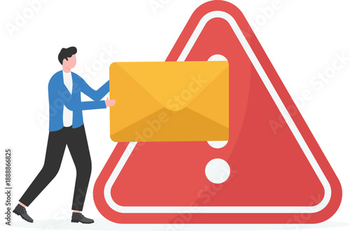 Communication Risk Concept with Professional Attaching Mail Envelope to Red Warning Sign