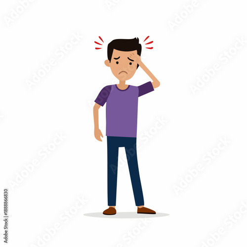 Young man experiencing headache holding forehead feeling unwell with red radiating lines and looking concerned on a white background representing