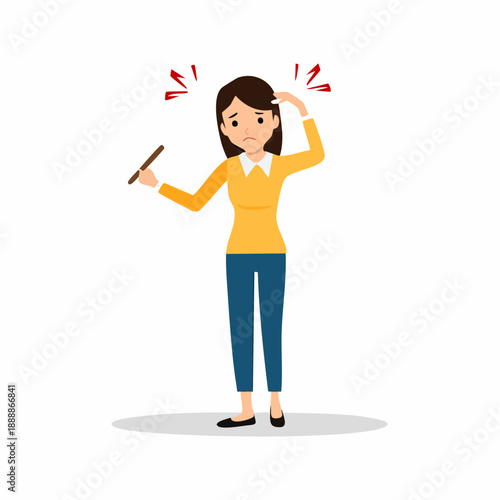 Concerned Woman Examining Her Hair for Health or Dandruff Issues Casual Attire with Stick Expression Depicting Anxiety and Concern Isolated on White