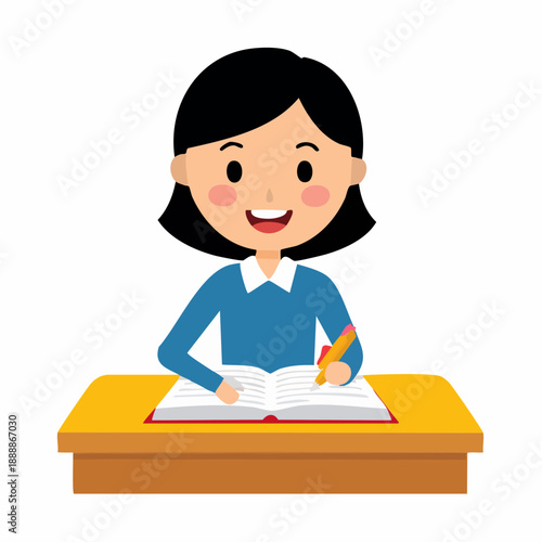 Young female student writing in notebook at desk ready for education and learning smiling with copy space prepared for test exam at school