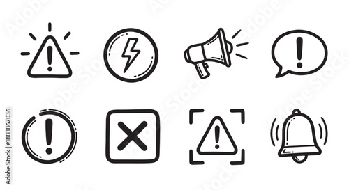 Set of hand-drawn warning and alert icons including exclamation marks cross bell and megaphone symbols for notification and danger concepts isolated on white