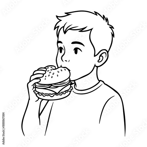 Dibujo sencillo con líneas de niño comiendo una hamburguesa con queso con las manos