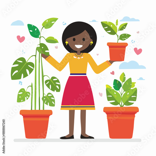 Woman nurturing various potted plants indoors promoting gardening nature and environmental friendliness with flourishing growth