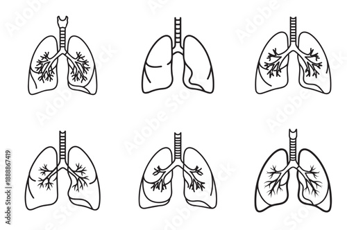 Lungs Line Art Icons, Editable Stroke Outline Vector Illustration Set