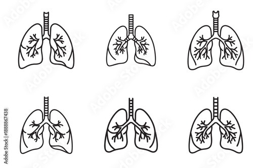 Lungs Line Art Icons, Editable Stroke Outline Vector Illustration Set