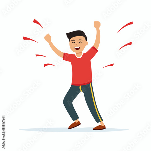 Joyful individual celebrating a triumph with raised arms and a cheerful smile embodying happiness and success perfect for conveying positive emotions