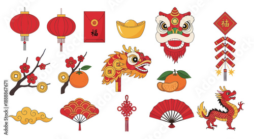 Chinese New Year Icons: Dragon, Lanterns, Lucky Charms, Firecrackers, Oranges