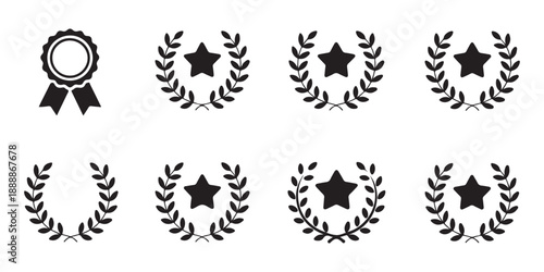 Laurel wreath and star icons representing victory and achievement award symbols for champion and success emblems