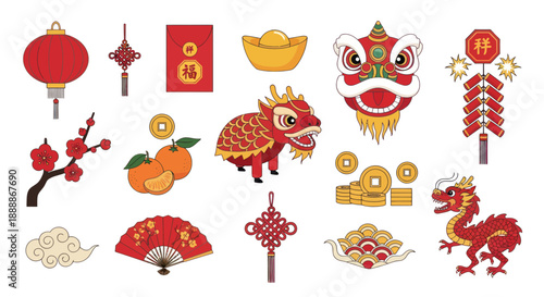 Chinese New Year Decorations: Dragon, Lanterns, Firecrackers, Lucky Charms & Oranges