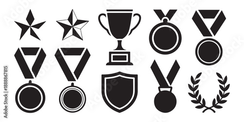 Award icon set black star trophy cup medal shield laurel wreath winner prize flat style vector illustration