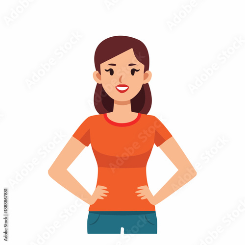 Confident young woman with brown hair and an orange shirt stands with her hands on her hips demonstrating a pose of self assurance and readiness