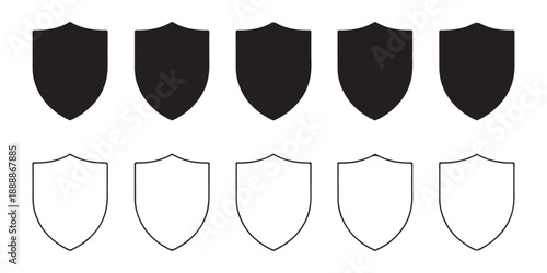 Collection of shield shapes in solid black and outline variations on white background vector icons