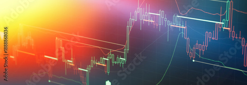 Obraz na plátně Colorful Trading Candlestick Chart Background With Technical Indicators and Warm