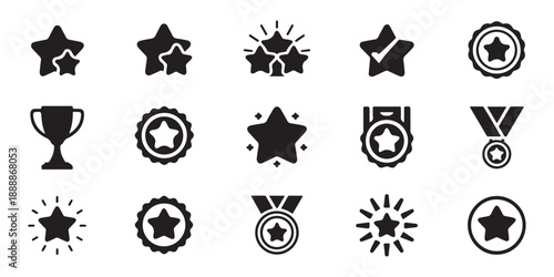 Star and medal award icon set, trophy shield and sun burst signs vector illustration in flat style