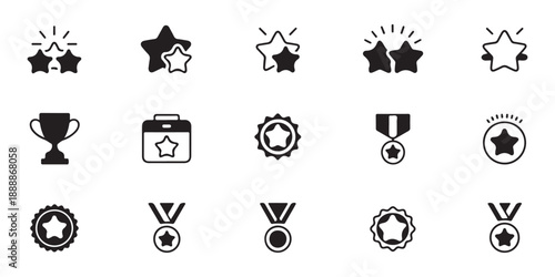 Star and medal award icon set, trophy calendar medallion signs vector illustration in flat style