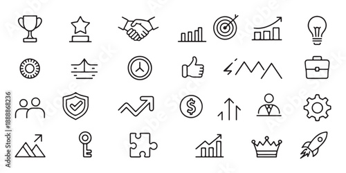 Business growth and success line icons for strategy goals achievement leadership and professional development