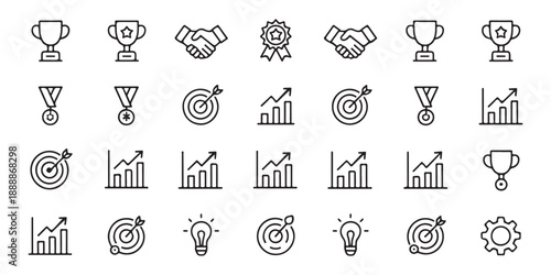 Achievement and success line icons. awards cups, medals, targets, business growth charts, handshakes, idea