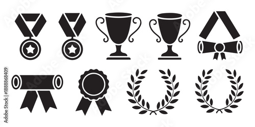 Minimalist award icons including medals trophies ribbons certificates laurel wreaths and gift boxes for celebration