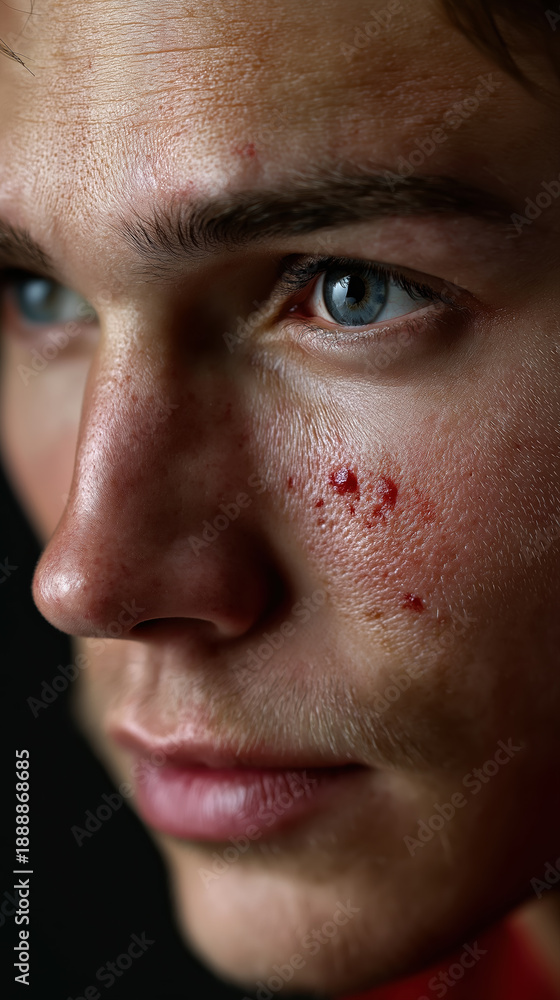 Obraz premium close up of young man with acne on cheek male skin problem and dermatology treatment concept