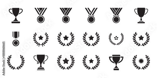 Award icon set black trophy cup, medal and laurel wreath sport winner prize flat style vector illustration