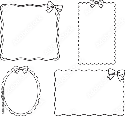 Hand drawn frame collection with bow ribbon decoration in black outline