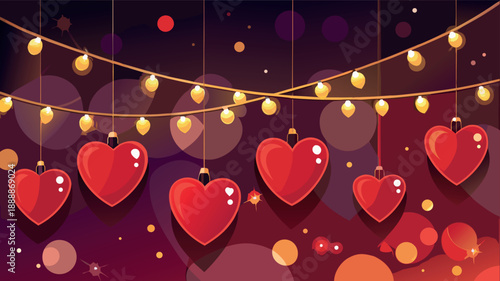 Festive Valentine's Day Illustration with Hanging Red Heart Ornaments and Glowing Fairy Light Strings
