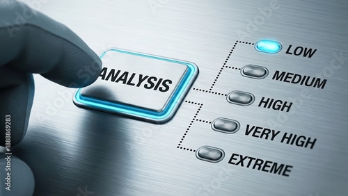 generic pressing illuminated analysis button on a metal switch panel with data analysis intensity levels