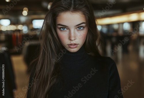 Free Download Young woman with long hair and serious expression posing for a close-up portrait indoors with soft lighting - GFXLoad