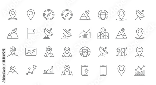 A collection of black and white line icons representing travel exploration and location based services