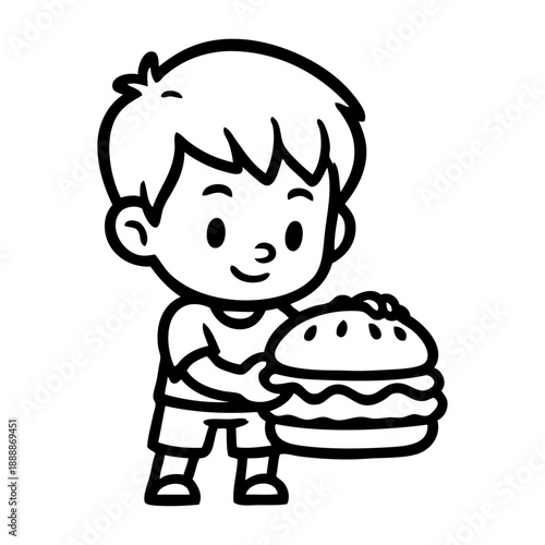 Dibujo sencillo con líneas de niño de pie con una hamburguesa con queso en la mano
