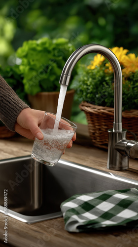 hand filling glass with fresh water from kitchen tap clean drinking water safety and sustainable home lifestyle