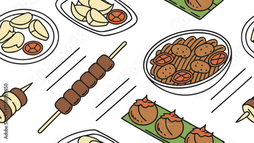 Asian Street Food Pattern Illustration with Skewers and Snacks