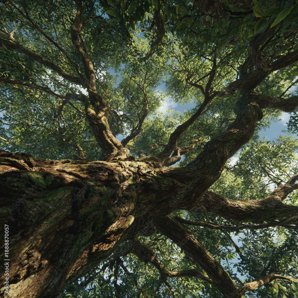Fototapeta premium Ancient oak tree with sprawling twisted branches seen from below, dappled sunlight and green leaves creating majestic natural perspective