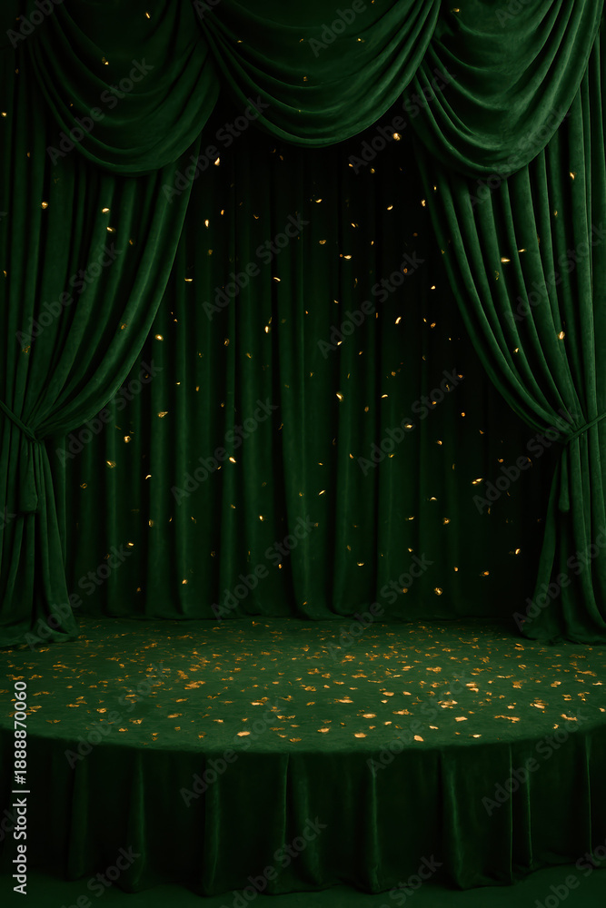 Fototapeta premium A theater setup featuring a round stage draped in rich green velvet with golden confetti scattered across.