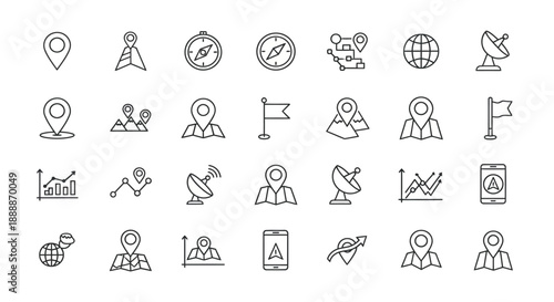 A collection of minimalistic line icons depicting exploration travel navigation and various adventurous elements