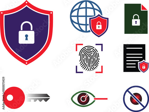 Cyber security and data protection icon set. Biometric fingerprint scan, padlock shield, global network safety, retinal eye recognition, and document encryption icons vector illustration.