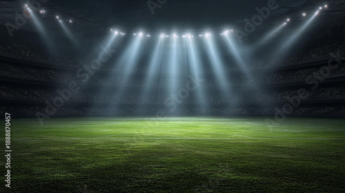 Empty Sports Stadium with Bright Spotlights on Green Field at Night