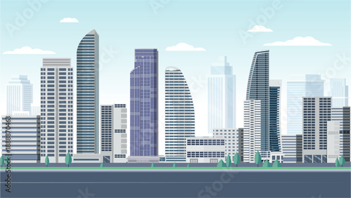 Cityscape background, City buildings and trees at city view. Monochrome urban landscape with clouds in the sky. Modern architectural flat style vector illustration