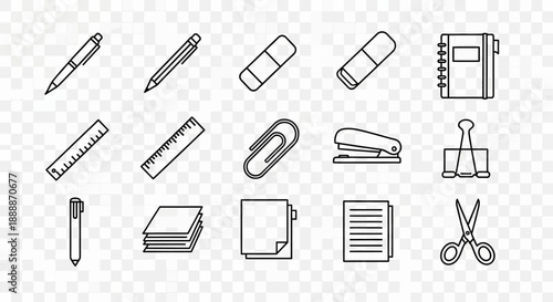 Set ikon perlengkapan kantor minimalis, alat tulis dan alat pengorganisasian bergaris, ilustrasi kartun vektor, latar belakang transparan, paket ikon teratur.