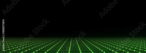 Technology perspective grid. Digital space wireframe landscape. Green mesh on a black background. 3d rendering.