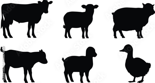 Black goat grazing in a field simple graphic on transparent background silhouette