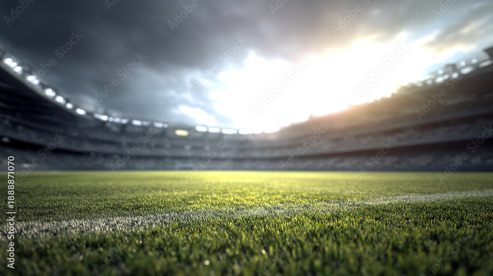 Fototapeta premium Dramatic Soccer Field in Stadium with Sunlit Clouds and Lights